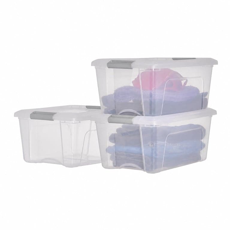 Cutie de depozitare din plastic transparent Iris Ohyama NTB-15 cu capac, 15 L, set, cu cleme de închidere argintii, stivuibilă, fără BPA — set de 3 bucăți