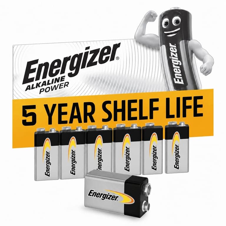 Baterie Alcalină Energizer Alkaline Power 9V, pentru detectoare de fum și dispozitive electronice, ambalaj 100% reciclabil — set de 7 bucăți