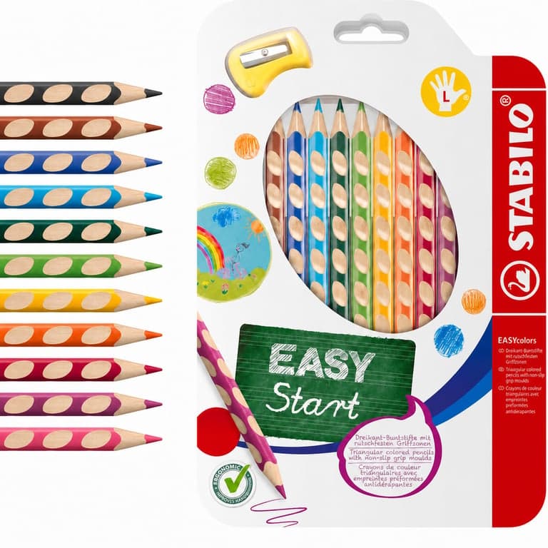 Creioane colorate ergonomice groase STABILO EASYcolors pentru stângaci - 11 buc. culori asortate cu ascuțitoare (set incomplet: lipsește 1 buc.)
