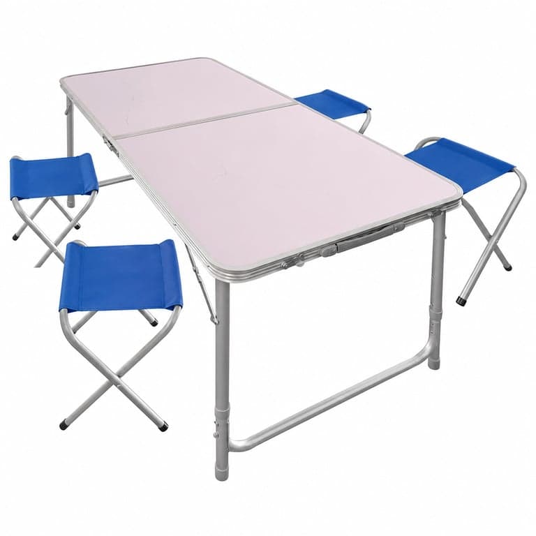 Masă de camping pliabilă AKTIVE 52893 cu 4 scaune — masa prezintă crăpături pe partea inferioară (stare: vezi a doua fotografie)