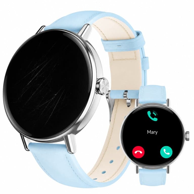 Ceas inteligent damă Yoever DR05 cu curea din piele albastră, apel Bluetooth, monitor ritm cardiac, pedometru, cadran rotund — Zgârietură pe ecran (stare: vezi poza 2)