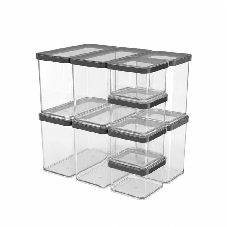 Set de 8 recipiente pentru depozitarea alimentelor Rotho Loft cu capac, transparent-negru, etanșe, stivuibile, lavabile în mașina de spălat vase, din plastic