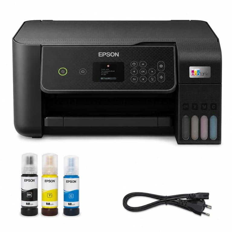 Imprimantă Epson EcoTank ET-2870 A4 Wi-Fi cu rezervor de cerneală — defectă, funcționează parțial: se oprește afișând un mesaj de eroare, fără set de cerneluri (stare: vezi a 2-a imagine)