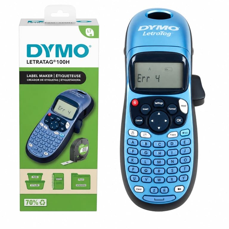 Aparat de etichetat portabil DYMO LetraTag LT-100H — defect, pentru piese: Afișează mesajul de eroare „bandă blocată” și nu printează (stare: vezi poza a 2-a)