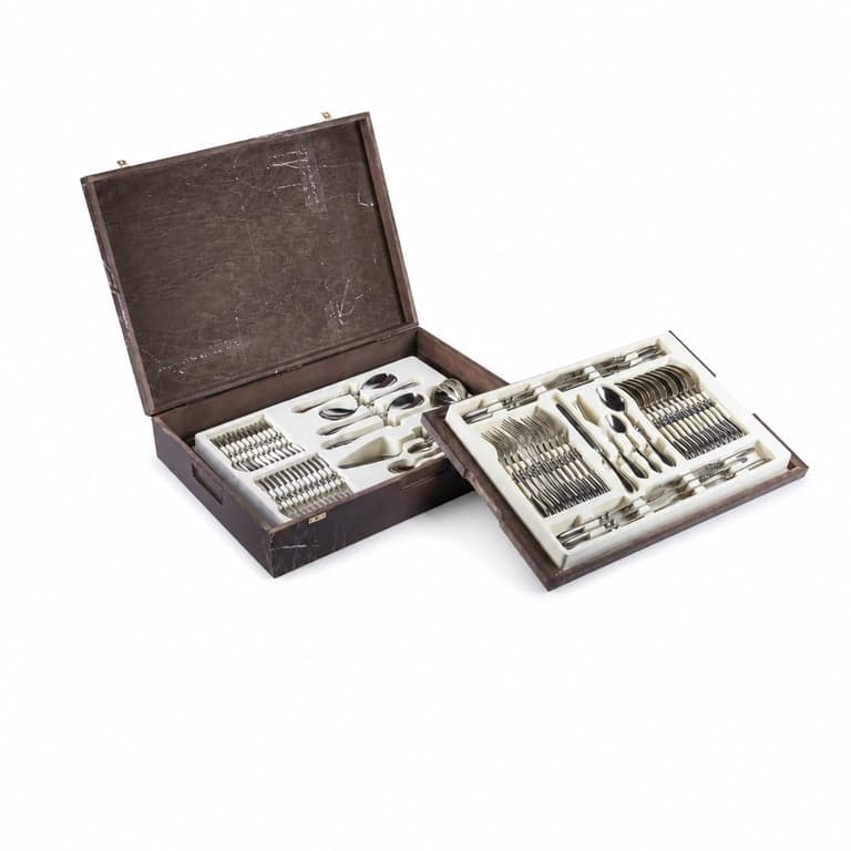 Set de tacâmuri Gerlach Retro, 68 de piese, pentru 12 persoane, din oțel inoxidabil, cuțite, furculițe, linguri, lingurițe, furculițe pentru desert, spatulă, în cutie de lemn, lavabil în mașina de spălat vase