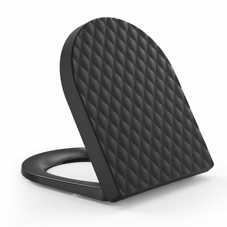 Capac de WC YEAUPE PRO în formă de D cu închidere lentă, model cu romburi 3D, negru, polipropilenă — elemente de fixare lipsă (stare: vezi imaginea 2)