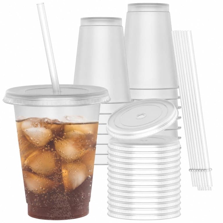 Pahar din plastic OZMOJOO cu capac și pai 473 ml, transparent, 15 bucăți, reutilizabil — lipsesc 2 paie (stare: vezi a 2-a fotografie)
