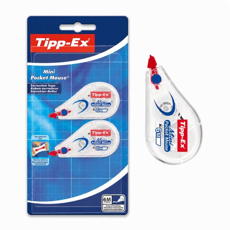 Corector bandă Tipp-Ex Mini Pocket Mouse, 6 m x 5 mm, pentru școală și birou, 2 bucăți (fracțiune din pachet de 3)