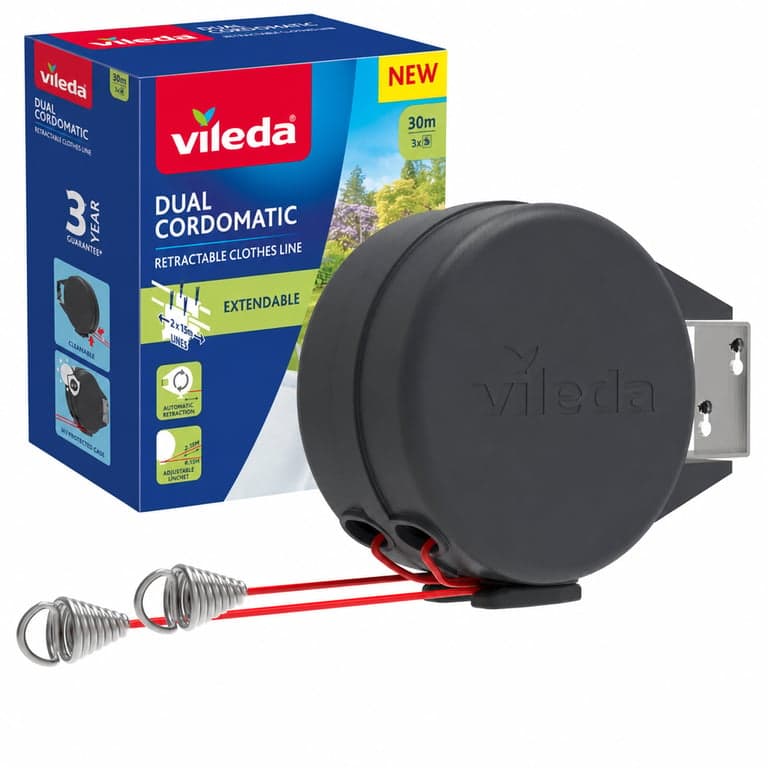 Uscător de rufe retractabil Vileda Dual Cordomatic — defect, funcționează parțial: pe o parte nu mai retrage firul (stare: vezi imaginea nr. 2)