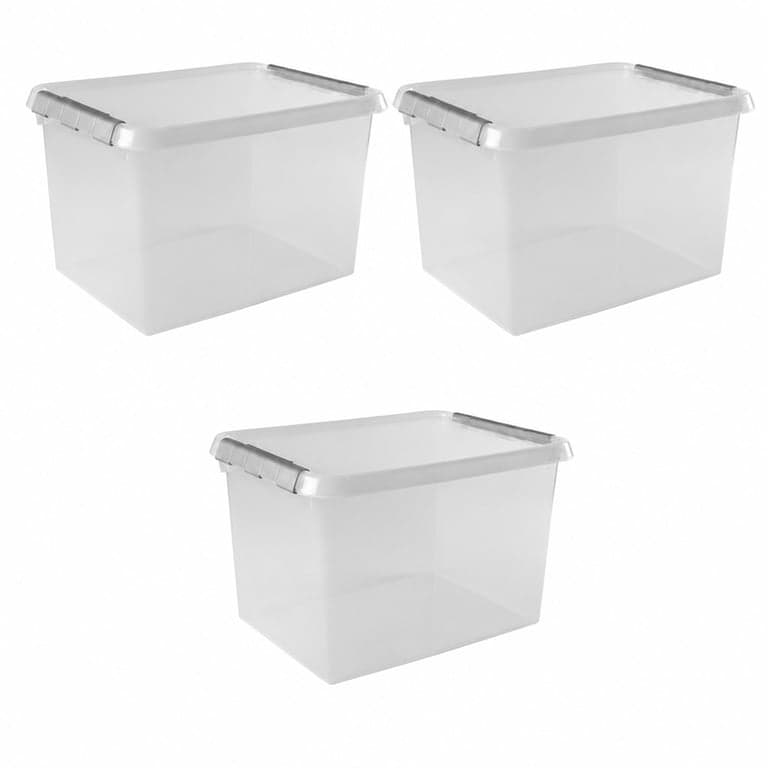 Cutie de depozitare cu capac Sunware Comfort Line, 52 L, 50x40x38 cm, set de 3 bucăți, plastic transparent, cutie de depozitare mare stivuibilă