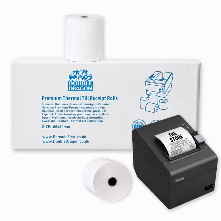 Rolă de hârtie termică premium Double Dragon, fără BPA, 80x80 mm pentru imprimante POS, ecologică, rezistentă la pete, pachet de 3 bucăți