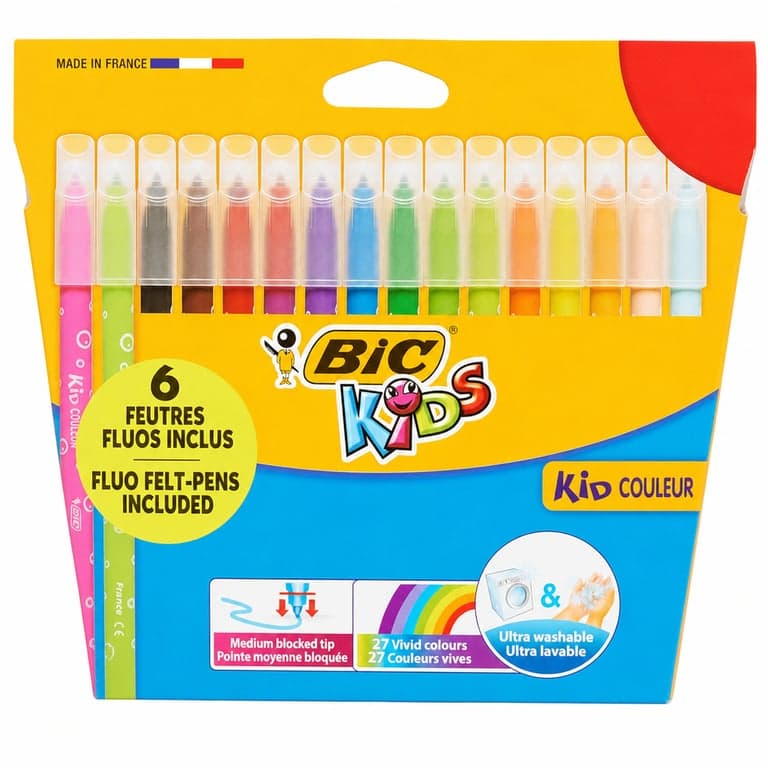 Set carioci lavabile pentru copii BIC Kids Kid Couleur, vârf mediu, culori asortate, cu carioci fluorescente — set de 24 bucăți