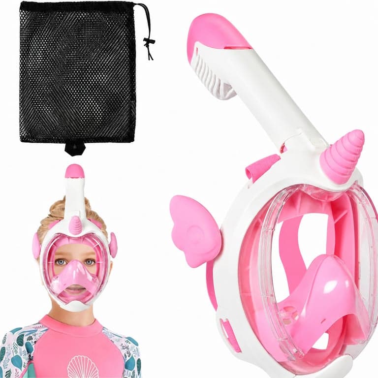 Mască de snorkeling pentru copii AOOSA cu acoperire completă a feței – mască de scufundări panoramică la 180°, anti-aburire — utilizată o singură dată (stare: vezi a 2-a imagine)