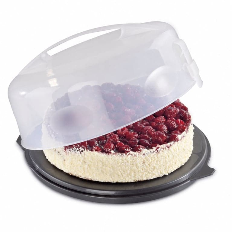 Cutie rotundă pentru transport tort Xavax cu capac și dispozitiv de feliere, diametru 31,5 cm — cu o ureche a bazei ruptă (stare: vezi a 2-a imagine)