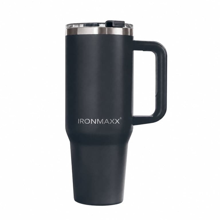 Cană termos IronMaxx cu mâner, antracit, 1,2 L, oțel inoxidabil, perete dublu — paiul lipsește (stare: vezi a 2-a imagine)