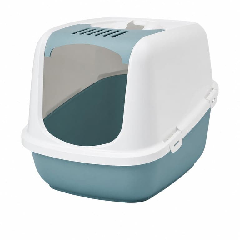 Căsuță toaletă acoperită pentru pisici Savic Nestor Jumbo, 66x48 cm, albastru-alb - Defect: ușă defectă, funcționează parțial: îi lipsește ușa (stare: vezi a 2-a imagine)