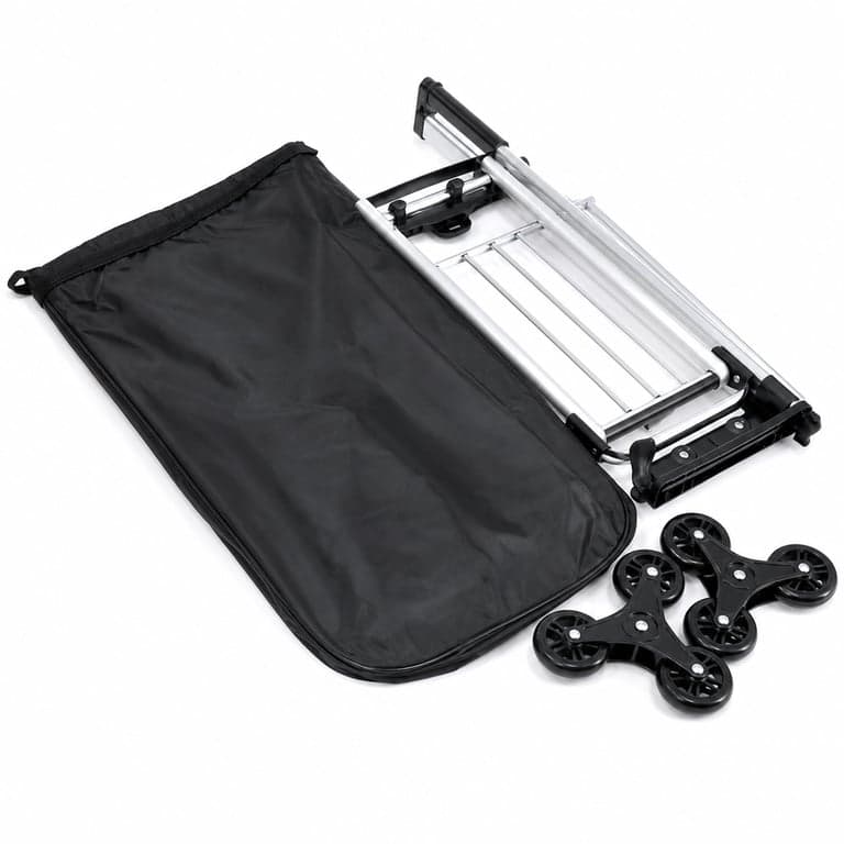 Cărucior de cumpărături VOUNOT din aluminiu cu sistem de urcare a treptelor, 3 în 1, pliabil, cu compartiment frigorific și cârlig, 6 roți — incomplet: fără șuruburile de fixare a roților